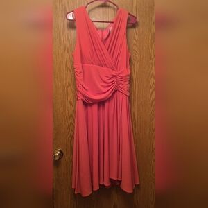Sleeveless Coral Ruched Midi Dress with Faux-Wrap Bodice